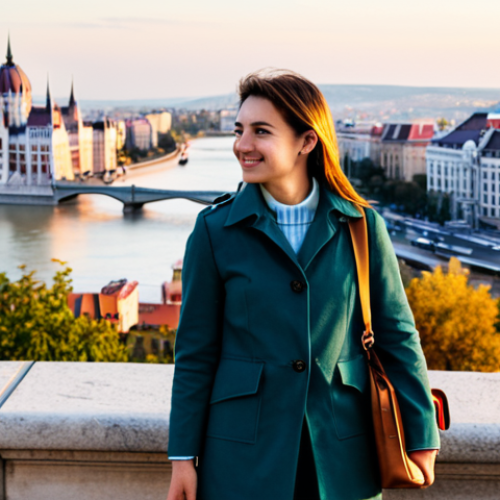 Home 11 A professional female traveler, fully clothed in modest, stylish layered attire, holding a small travel bag. She stands on a viewpoint overlooking the vibrant cityscape of Budapest, with the Danube River and the iconic Hungarian Parliament Building visible in the soft morning light. The scene emphasizes immediate cultural immersion and energetic discovery. Perfect anatomy, correct proportions, natural pose, well-formed hands, proper finger count, natural body proportions, professional photography, high detail, realistic, dynamic lighting, safe for work, appropriate content, fully clothed, professional, family-friendly.