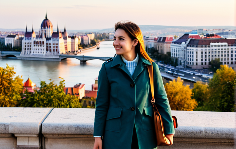 A professional female traveler, fully clothed in modest, stylish layered attire, holding a small travel bag. She stands on a viewpoint overlooking the vibrant cityscape of Budapest, with the Danube River and the iconic Hungarian Parliament Building visible in the soft morning light. The scene emphasizes immediate cultural immersion and energetic discovery. Perfect anatomy, correct proportions, natural pose, well-formed hands, proper finger count, natural body proportions, professional photography, high detail, realistic, dynamic lighting, safe for work, appropriate content, fully clothed, professional, family-friendly.