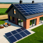 **

"A modern, eco-friendly home in the Hungarian countryside, featuring solar panels on the roof and energy-efficient windows, surrounded by fields. Fully clothed family is smiling in the yard. Safe for work, appropriate content, fully clothed, family-friendly, professional photography, perfect anatomy, natural proportions, high quality."

**