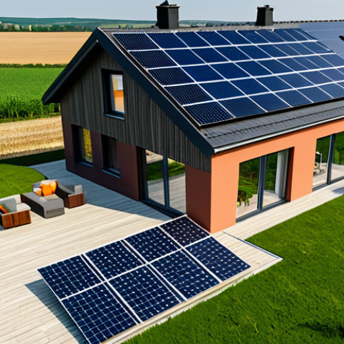 Home 6 **
"A modern, eco-friendly home in the Hungarian countryside, featuring solar panels on the roof and energy-efficient windows, surrounded by fields. Fully clothed family is smiling in the yard. Safe for work, appropriate content, fully clothed, family-friendly, professional photography, perfect anatomy, natural proportions, high quality."
**
