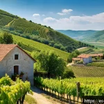 Home 20 헝가리 숨은 와이너리 투어 - A cozy, rustic Hungarian vineyard hidden among rolling green hills under a bright blue sky, featurin...