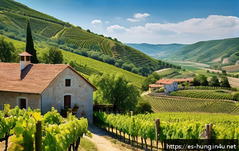 헝가리 숨은 와이너리 투어 - A cozy, rustic Hungarian vineyard hidden among rolling green hills under a bright blue sky, featurin...