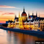 Home 19 헝가리 국회의사당 투어 - A breathtaking view of the Hungarian Parliament building in Budapest at sunset, showcasing its neogo...