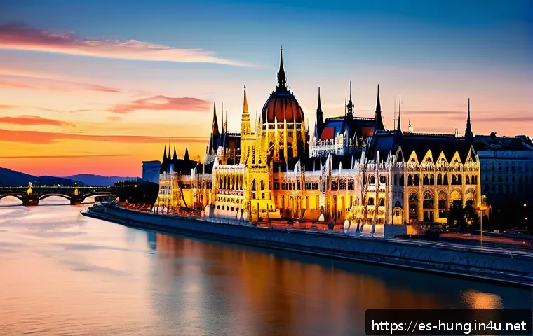 헝가리 국회의사당 투어 - A breathtaking view of the Hungarian Parliament building in Budapest at sunset, showcasing its neogo...