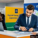 Home 18 헝가리 셍겐 비자 정보 - A professional scene inside a modern Hungarian consulate office, showing a diverse Spanish-speaking ...