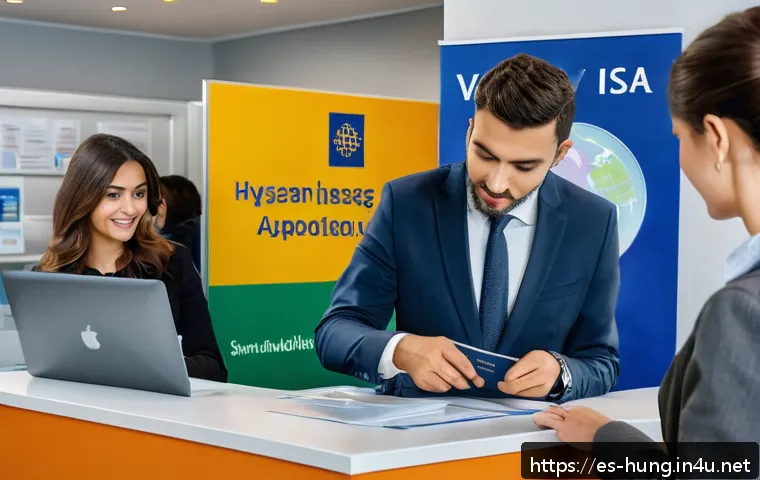 헝가리 셍겐 비자 정보 - A professional scene inside a modern Hungarian consulate office, showing a diverse Spanish-speaking ...