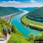 Home 23 헝가리 도나우 벤드 하이킹 - A panoramic hiking trail along the Danube Bend during springtime, featuring lush green forests with ...