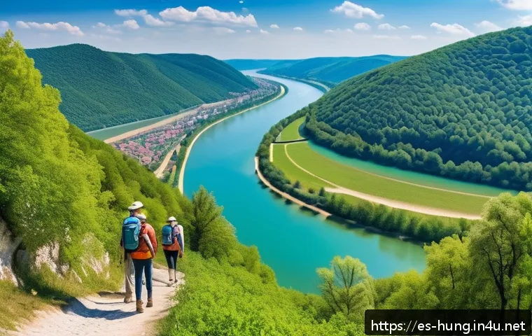 헝가리 도나우 벤드 하이킹 - A panoramic hiking trail along the Danube Bend during springtime, featuring lush green forests with ...
